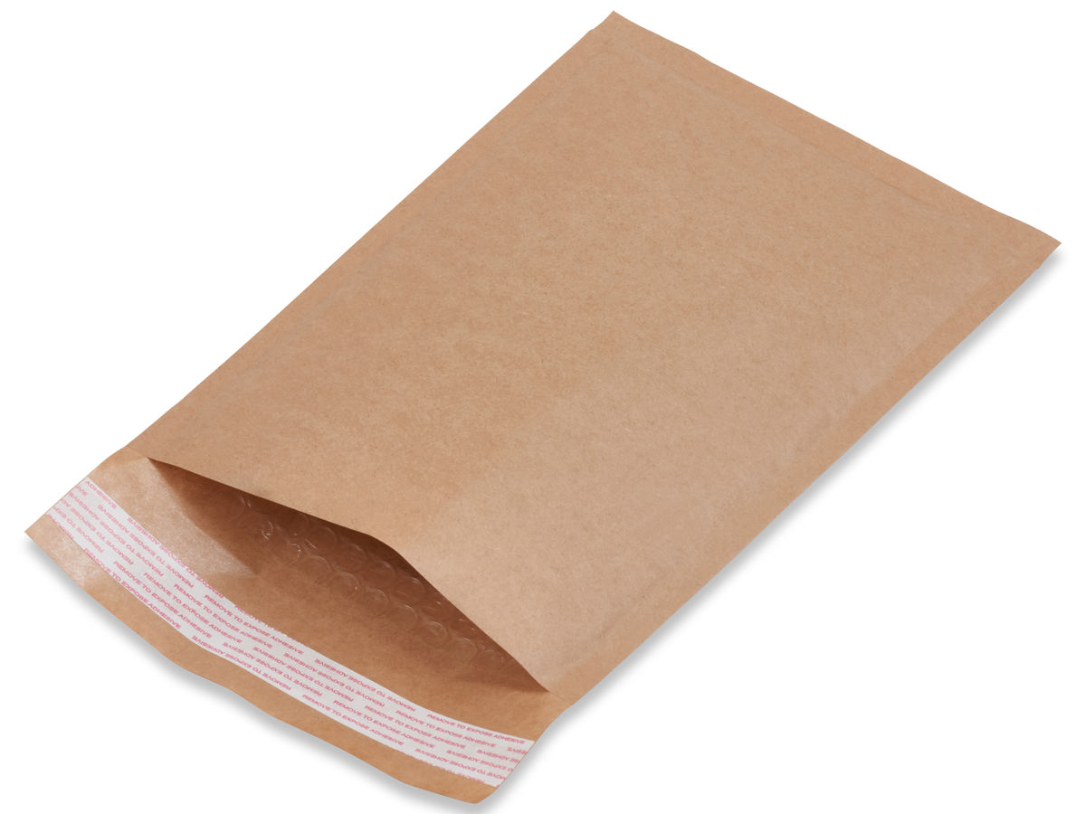 Natural brown kraft recyclable bubble mailer with self-seal strip