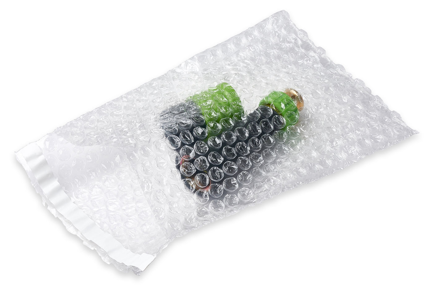 Clear self-seal bubble bag protecting a small product