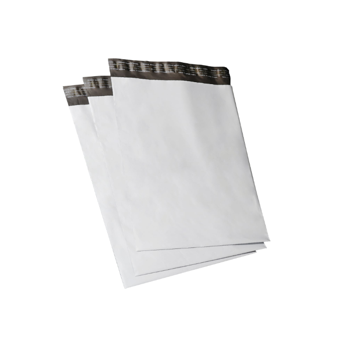 Three white poly mailers fanned out, self-seal flap visible