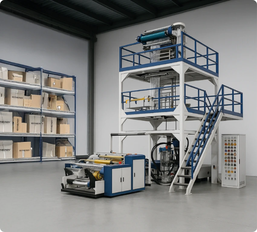 Synergy three-layer co-extrusion tower at the Tijuana plant, with branded resin boxes on adjacent shelving